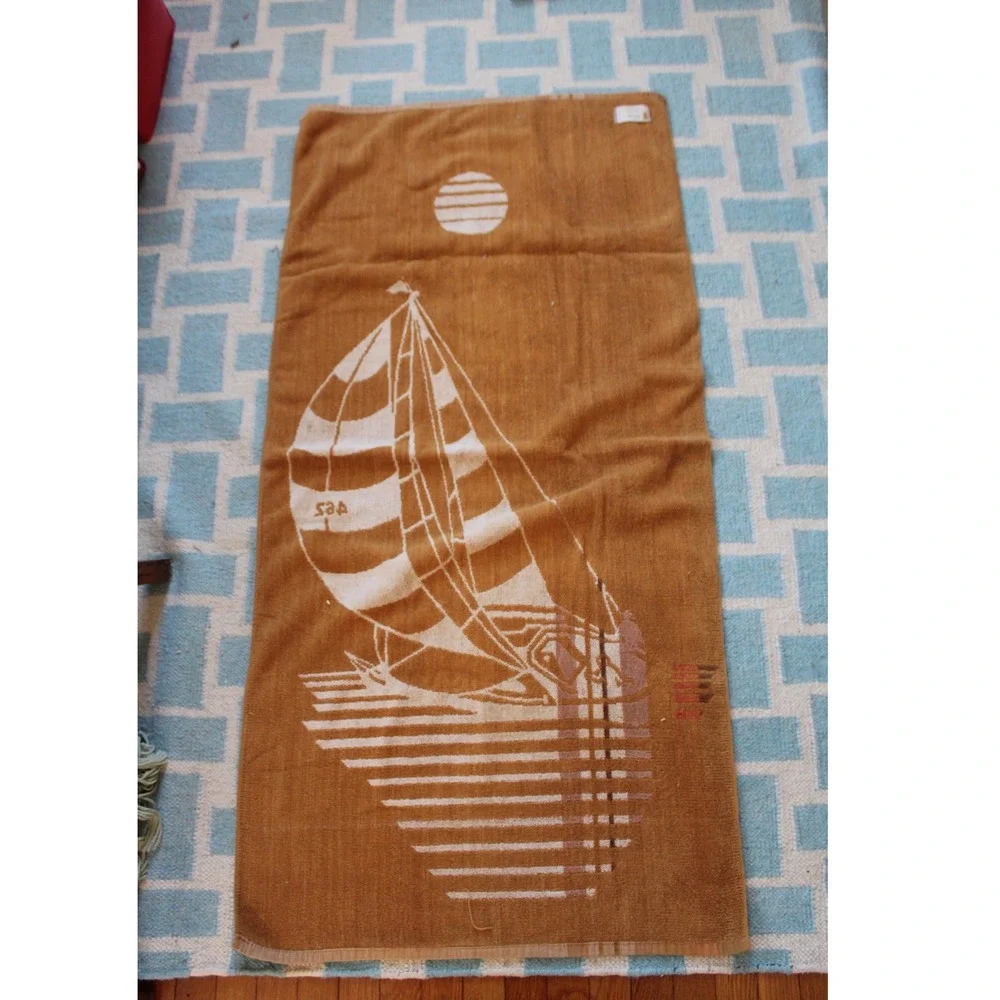 Vtg Franco Brown Cotton Terry Sailboat Beach Towel Retro Nautical Sunset Stripe